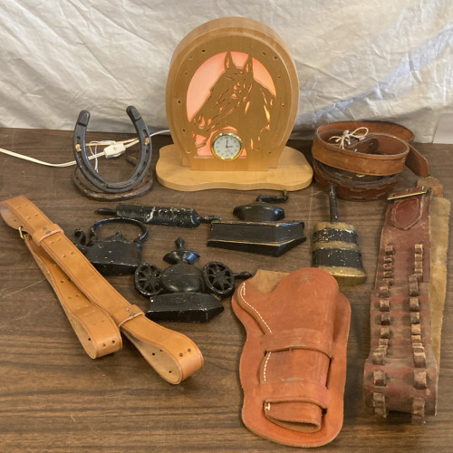 Wood Hose Lamp/Clock, Leather Works, Cast Iron Decor