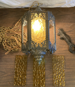 Vintage Hanging Light w/Amber Glass(Missing 2Panels) & Key Holder