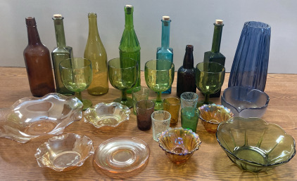 Vintage Colored Glass- Bottles, Serving Dishes & More
