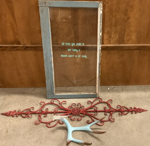 Vintage Window ( Repurposed) Deer Antler, Iron Wall Decor