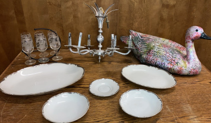 Silver Chandelier, Goose, Serving Dishes & Wine Glasses w/Holder