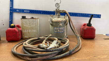 (1) Binks 2.8 Gallon Pressure Paint Pot with Hoses (1) Small Gas Can with Spout (1) Small Gas Can without Spout (1) Eagle 2 Gallon Gas Can (1) Mayes Brothers Tool Square