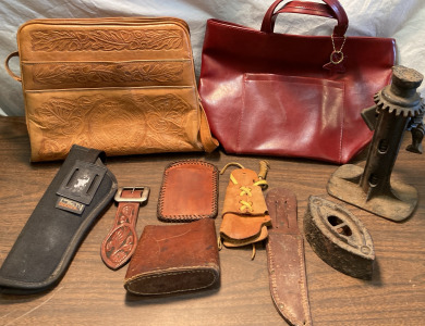 Vintage Iron, Leather Works Purse, knife sheaths & More