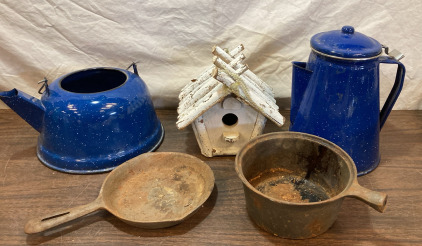 Sm.Cast Iron Skillet, Pot, Teakettle, Coffee Pot & Bird House