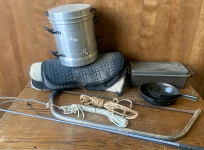 Cast Iron Skillets, PanW/Lid, Horse Wips,Blankets, & More