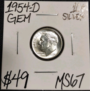 1954-D MS67 Gem Silver Roosevelt Dime