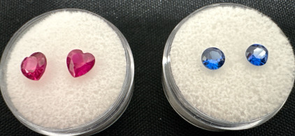 1.20 Carat Pair Of Natural Blue Sapphire Faceted Round Cut Gemstones & 1.85 Carat Pair Of Red Ruby Heart Shaped Gemstones