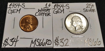 1954-S MS66RD Gem Wheat Copper Penny & 1954-S Gem Silver Washington Quarter