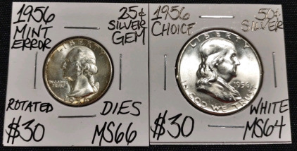 1956 MS66 Mint Error Silver Gem Quarter & 1956 MS64 White Silver Gem Franklin Half Dollar