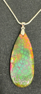 41.05 Carat Rainbow Dragon Veins Fire Agate Teardrop Gemstone .925 Sterling Silver Necklace