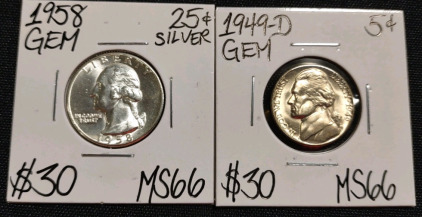 1958 MS66 Gem Silver Washington Quarter & 1949-D MS66 Gem Jefferson Nickel