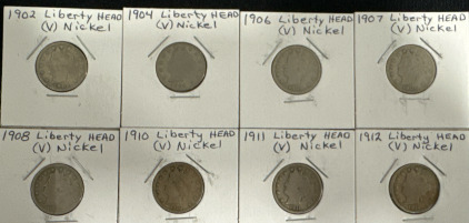 (8) Liberty Head &lsquo;V&rsquo; Nickels From 1902/1904/1906-1908/1910-1912