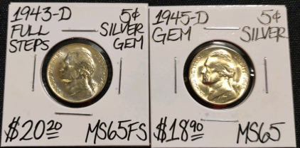 1943-D MS65FS Full Steps Silver Gem Nickel & 1945-D MS65 Gem Silver Jefferson Nickel