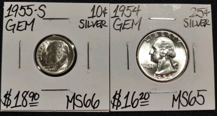 1955-S MS66 Gem Silver Roosevelt Dime & 1954 MS65 Gem Silver Washington Quarter