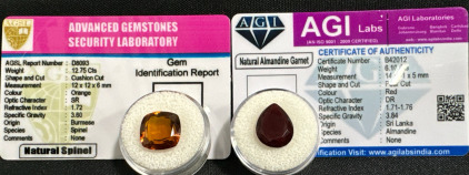 (1) AGSL Certified 12.75 Carat Natural Orange Spinel Cushion Cut Gemstone (1) AGI Certified 6.10 Carat Natural Red Almandine Garnet Pear Cut Gemstone (Both Have CoA&rsquo;s)