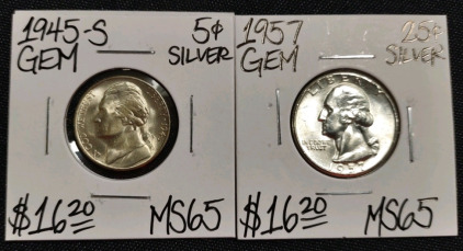 1945-S MS65 Gem Silver Jefferson Nickel & 1957 MS65 Gem Silver Washington Quarter