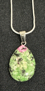 (1) Natural Ruby Ziosite Teardrop Gemstone .925 Sterling Silver Necklace