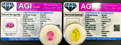 (1) AGI Certified 6.50 Carat Natural Pink Morganite Faceted Oval Cut Gemstone (1) AGI Certified 5.80 Carat Natural Yellow Kunzite (Spodumene) Faceted Marquise Cut Gemstone