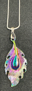 (1) Ribetan Silver Rainbow Peacock Feather 24&rdquo; .925 Sterling Silver Necklace