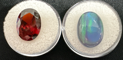 (1) 13.75 Carat Natural Fire Opal Dooblet Gemstone Cabachon (1) 10.45 Carat Pigeon Blood Red Ruby VVS Oval Cut Faceted Diamond Cut Gemstone