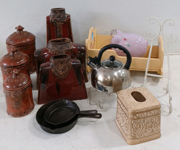 (6) Pottery - Glazed & Decorative (1) Little Girl's Doll Rocking Bed (1) Kleenex Tissue Cover and More!