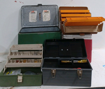 (2) Tackle Boxes (1) Toolbox (1) Metal Coleman "Hold the Cold" Cooler (1) Coleman Cooler
