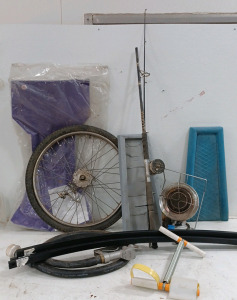 (1) Gas Heater Attachment (1) Gasoline Handle w/ Hose (1) Fishing Pole w/ Reel (1) Workout Device (1) Rain Gutter Leads (1) Bike Tire (1) Skid Plate