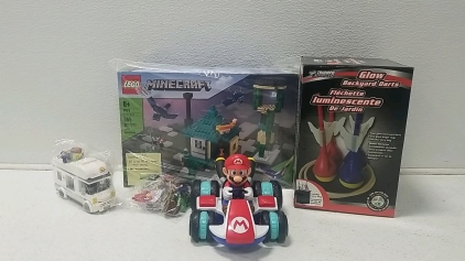 LEGO Minecraft Set w/ assorted Figures and small Camper Set, MarioCart Car, Glow Backyard Darts