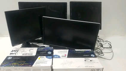 (4) Display Monitors, (4) Boxes of Printing Ink, Assorted Cables