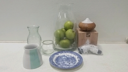 Glass Vases, Pots. W/ White/Blue Plate, Artnaturals Defuser, Assorted mugs