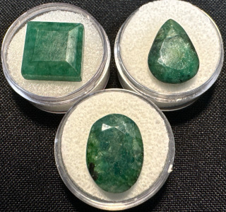 (3) Brazilian Emerald Faceted Gemstones: 19.35 Carat Princess Cut, 12.75 Carat Pear Cupcakes & 15.90 Carat Oval Cut