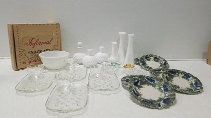 Informal Snack Set (Glass), white glass Bottles, etc. Old Vintage plates