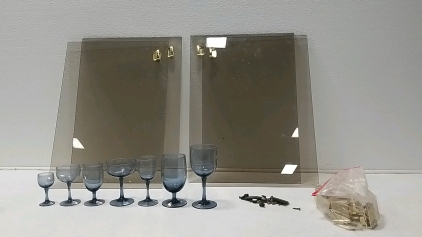 (4) Glass cabnet doors, (8) Sets of Blue glass cups
