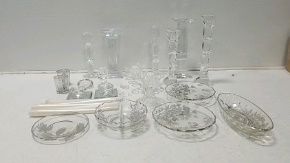 Glass Candle Stick Holders, Glass and Silver Dishware