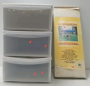 Dining Canopy, (3) White stacking drawers