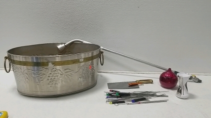 Metal Round Bucket, with extended Hose attachment, Assorted Kitchen items