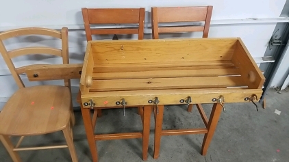 (3) Light brown chairs, wall mounted shelf w/ hangers