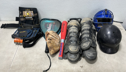 (1) MDG Tools Magno Grip Single Side Apron Tool Bag (1) CLC Tool Works 5 Pocket Single Side Apron Tool Bag (1) Wilson Tennis Racket (1) Black+ Decker APS Automatic Feed Spool & More
