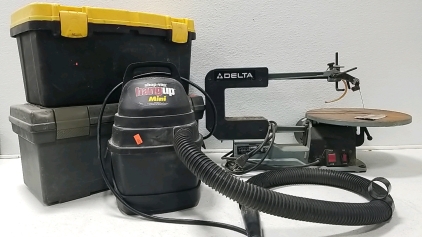 Delta Scroll Saw, Shop vac, (2) Tool boxes
