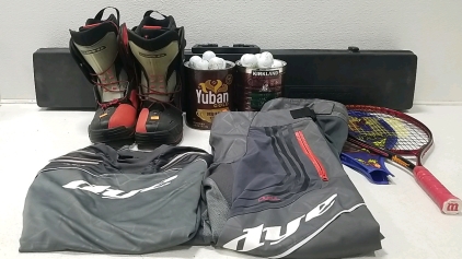 Paintball Gear, Snowboarding Boots, Rifle Case, (2) Buckets of Golfballs, Wilson Racket