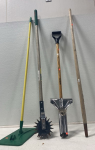 (1) Wooden Vintage Pool Stick, (1) Union 83138 Planter Stick, (1) Vintage Hand Held Lawn Edger (1) Mop Wand