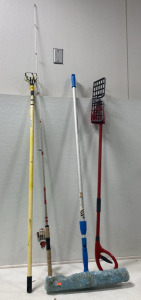 (1) Yellow Light Bulb Changer, (1) Catch More Fish Red Fishing Rod (1) Large Blue Mop (1) Red Soap dispensing Mop Wand