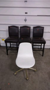 (3) Dark Brown Leather Kitchen Table Chairs & (1) White Swivel Chair w/Wheels