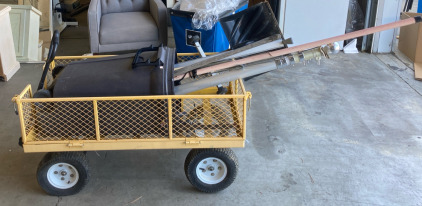 An Assortment Of Yard Tools (1) Yellow Cart (1) Trash Bin