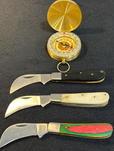 (3) Hawkbill Folding Pocket Knives (1) Hunter&rsquo;s Case Compass w/ Luminescent Dial