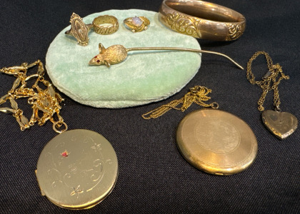 (3) Lockets (3) Rings-1 Stamped 14k, 1 w/ Opal (1) Bracelet (1) Mouse Brooch w/ Ruby Colored Stone Eyes (1) Vintage Powder Puff