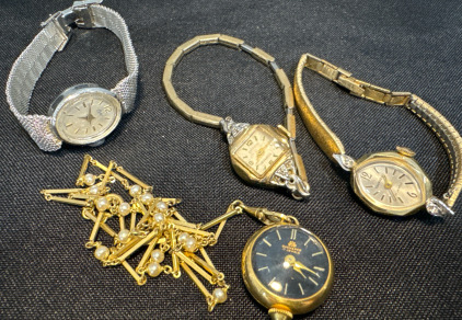 (4) Vintage Ladies Watches: Bucherer 17 Jewels Necklace Watch, Tourneau 21 Jewels-14k Stamp, Baroness 17 Jewels-10k RGP Stamp & Coro