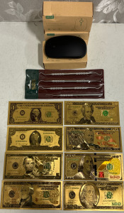 (4) Jelly Comb 2.4G Wireless Mouse (1) 4-Piece Dental Pick Hobby Set (8) Gold Foil Faux US Bank Notes ($1-$100)