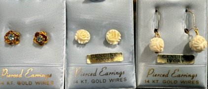 (2) Pair Genuine Ivory & 14k Gold Wire Earrings (1) Pair Blue Topwz Colored Stone Floral 14k Gold Wire Earrings