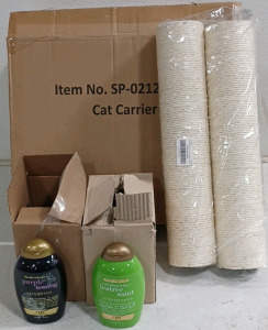 (2) Grey & Pink Cat Carrier - Hard Plastic (2) Replacement Scratch Posts for Cats (1) 4-Pack Blonde Enhance Purple Toning Shampoo (1) 4-Pack Refreshing Scalp + Tea Tree Mint Conditioner